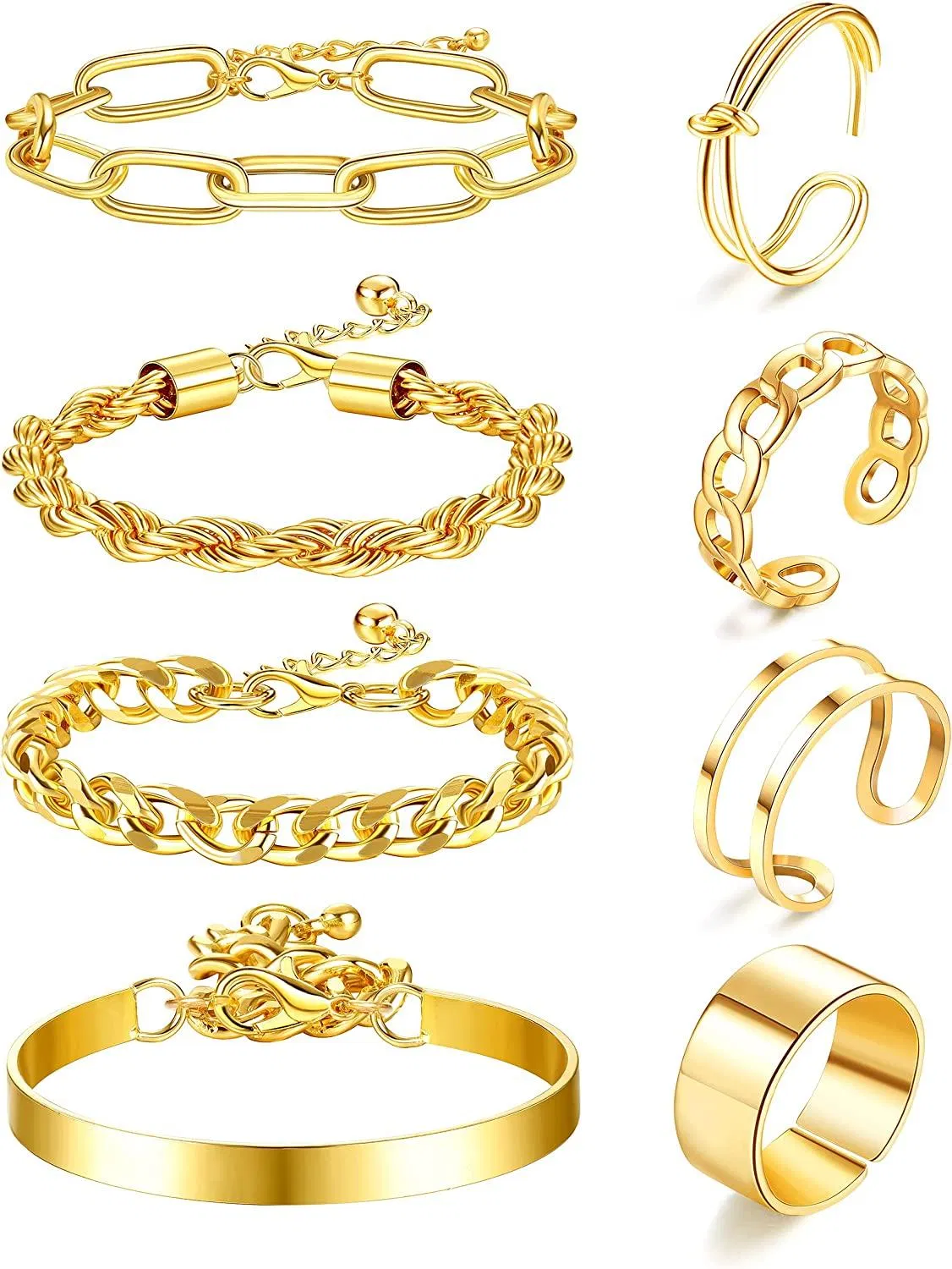 Dainty Gold Silber Link Kette Armbänder & Knuckle Midi Ring Set für Frauen Mädchen verstellbare Knoten Finger Stackable Ringe; Mode kubanische Papierklipper Perlen Kette Armbänder Schmuck Set