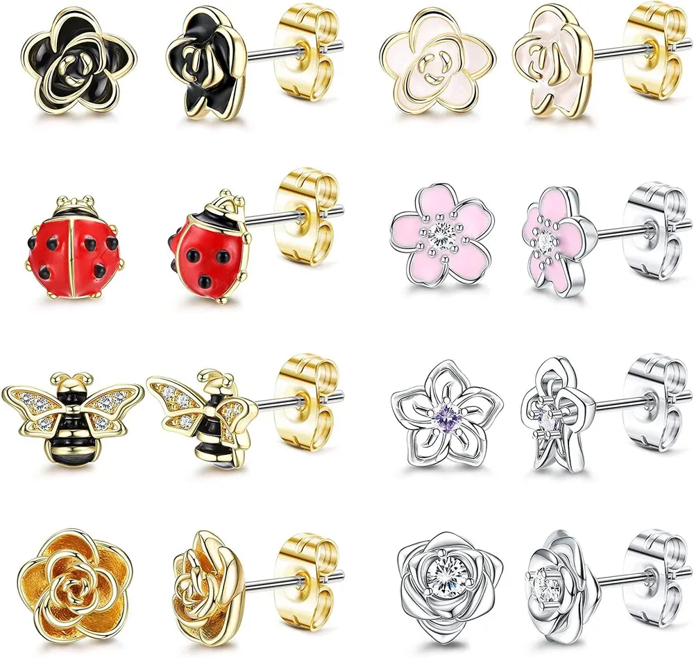 8 Paare Stud Ohrringe für Frauen Blumen Stud Ohrringe Set Ladybug Biene Tiere Ohrringe Geschenk für Valentinstag Geburtstag