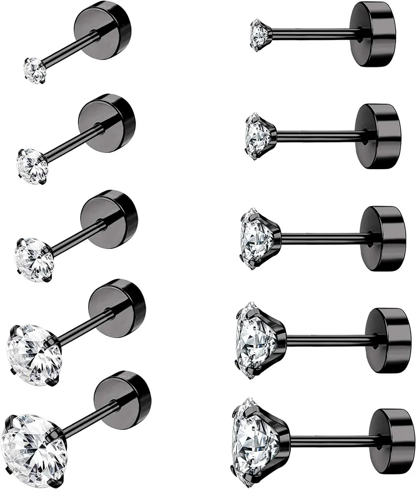 5Paare 18G Edelstahl CZ Stud Ohrringe für Frauen Männer Knorpel Helix Ohrringe Set Round Cubic Zirkonia Screwback Flat Back Stud Ohr Piercing