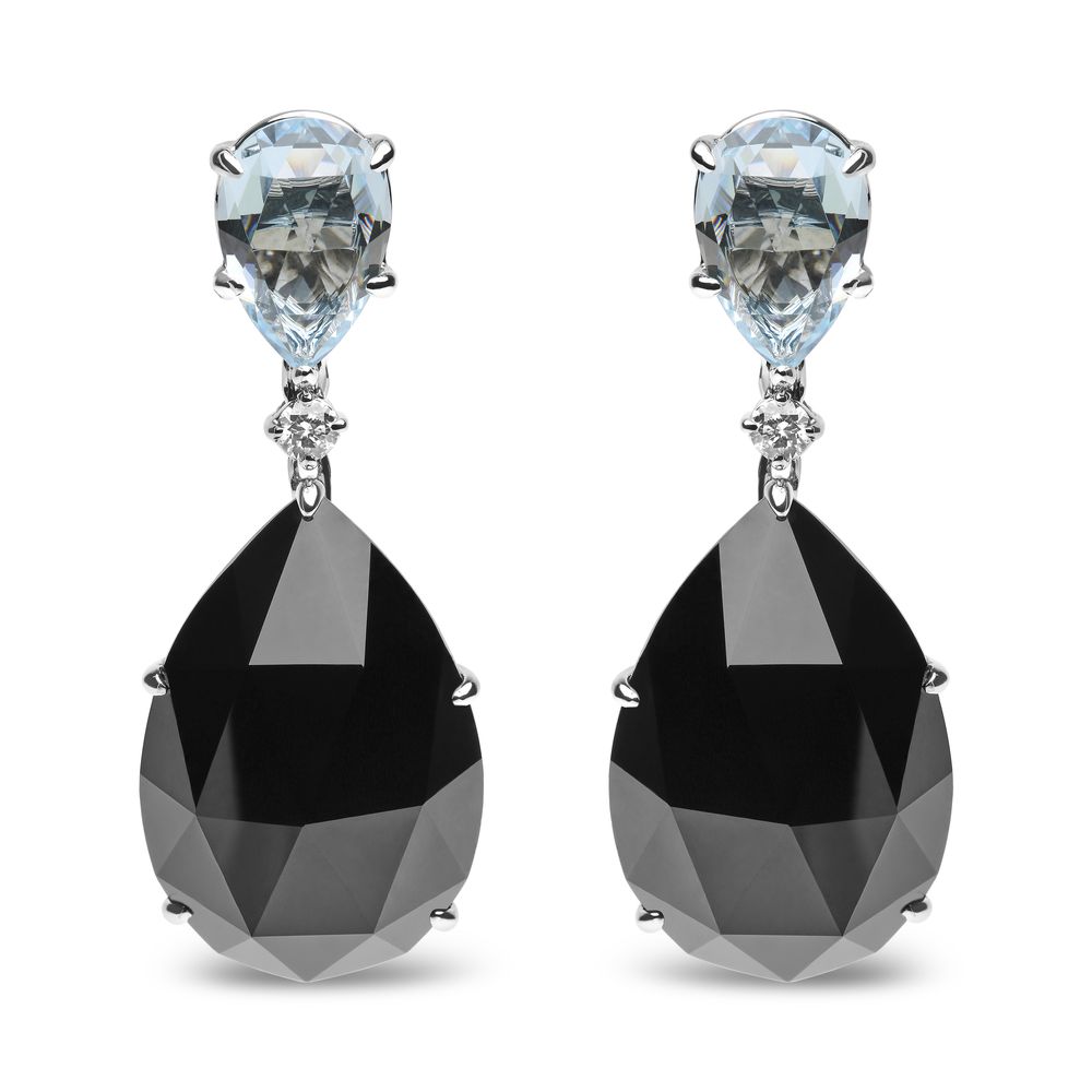 18 Karat Weißgold 1 / 5 Cttw Diamant mit Pear-Cut Sky Blue Topaz und Pear-Cut Black Onyx Edelstein Dangle Ohrring (G-H Farbe, SI1 - SI2 Klarheit)