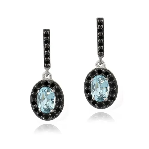 Sterling Silber 2,25ct Blue Topaz & Black Spinel Oval Dangle Ohrringe