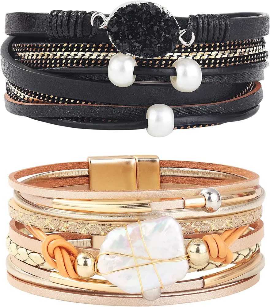 Damen Leder Wrap Armband Barock Pearl Cuff Multi-Layer Druzy Stone Wrap wunderschöne Gold Tube Armband Handgemachte Armbänder Schmuck mit Magnetverschluss