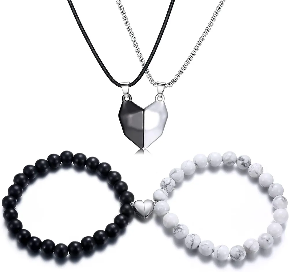 4PCS Zwei Seelen ein Herz passende Halsketten Armbänder für Paare Magnet Wunschstein Halsketten Bandent Set Perlen geflochten verstellbare Armbänder gegenseitige Anziehung Freundschaft Paare