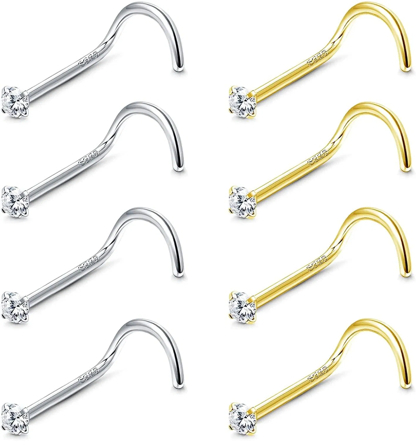 8pcs 20G Sterling Silber Nasen Stud 14K Gold Plated CZ Corkscrew Nasen Ringe Stud für Frauen Männer Nasen Piercing 1.5mm 2mm 2.5mm 3mm