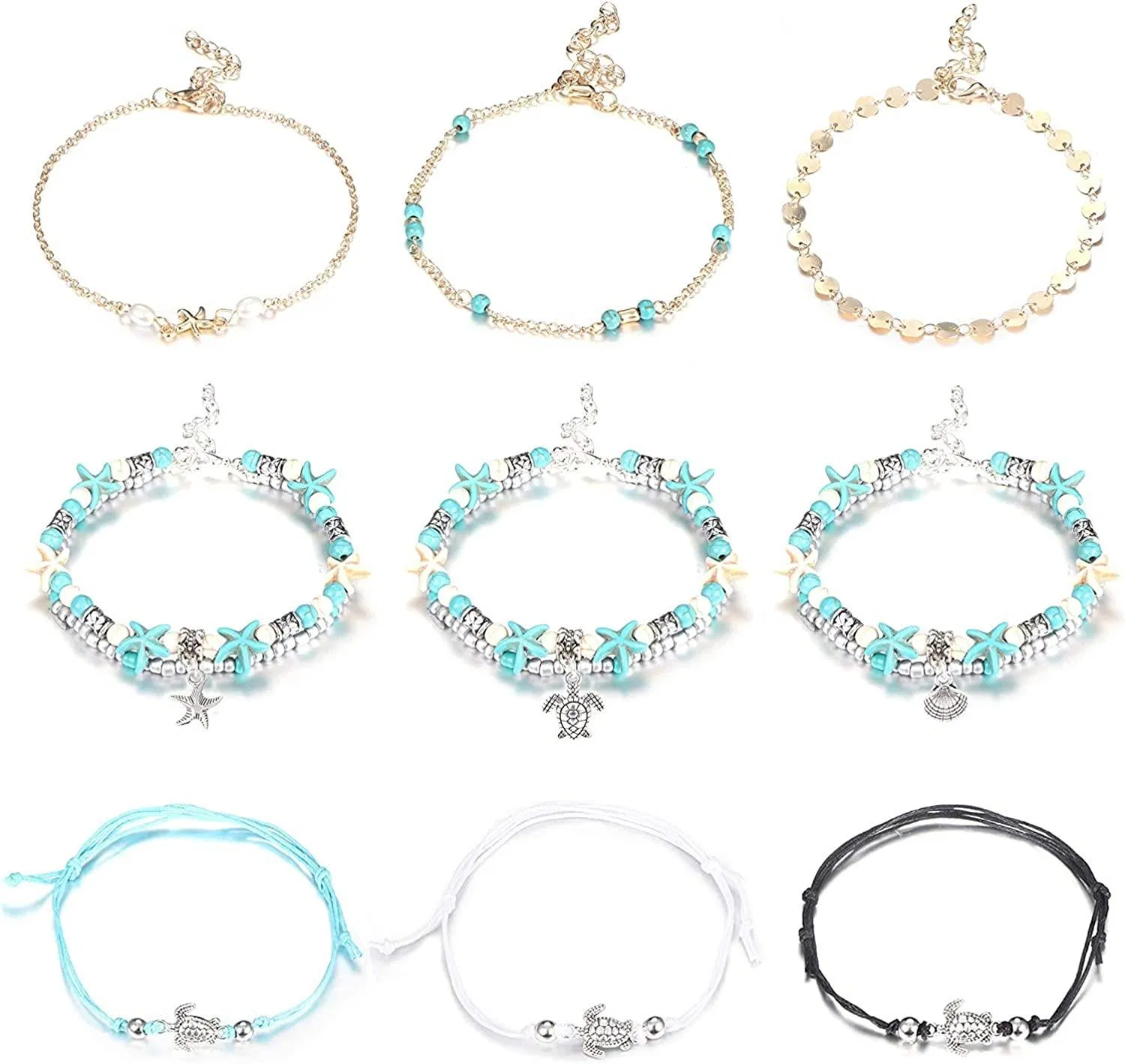 9 Pcs blaue Knöchel-Armbänder für Frauen Sternfisch-Schildkröte Ankletschildkröte Multilayer Charm Perlen Meer Ankletschild Fußkette Schmuck