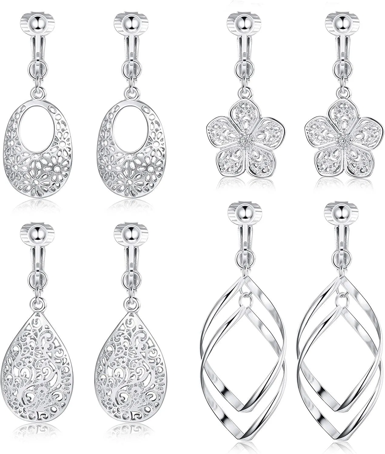 4 Paare Dangle Clip auf Ohrringe für Frauen Filigree Hollow Leaf Clip Ohrringe Leichtgewicht Nicht durchbohrt Silber Gold Clip-On Drop Dangle Ohrringe Set