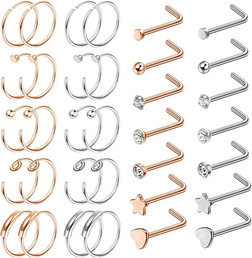34Pcs 20G 316L Edelstahl Nasenring Schleife L-förmige Nasenringe Studs Piercings Schleife Tragus Knorpel Helix Ring Lippen Septum Piercing