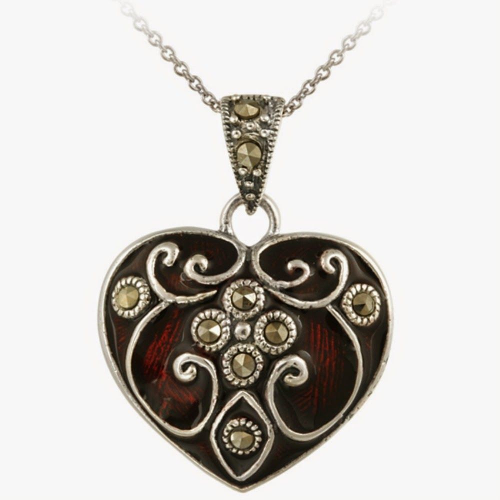 Sterling Silber Marcasit & Red Enamel Herz Anhänger