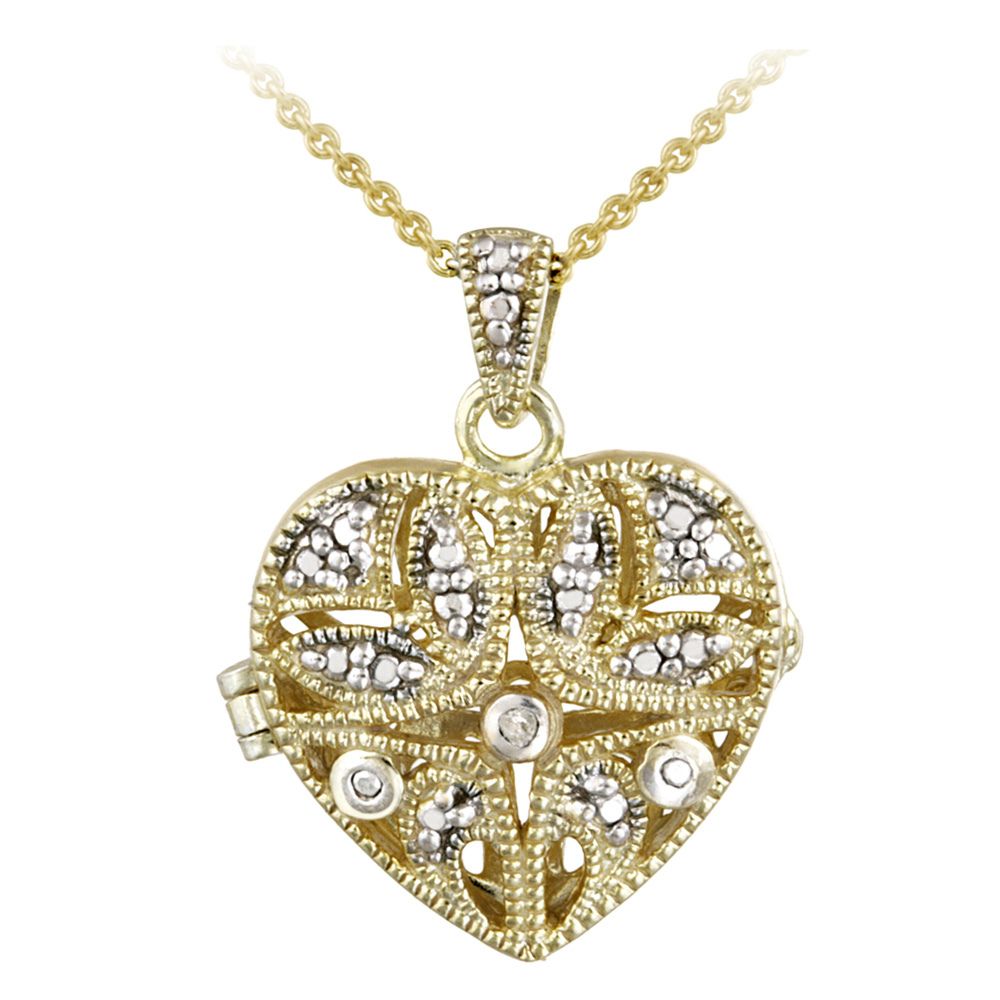 18 Karat Gold über Silber Diamant Akzent Filigree Flower Heart Locket Halskette