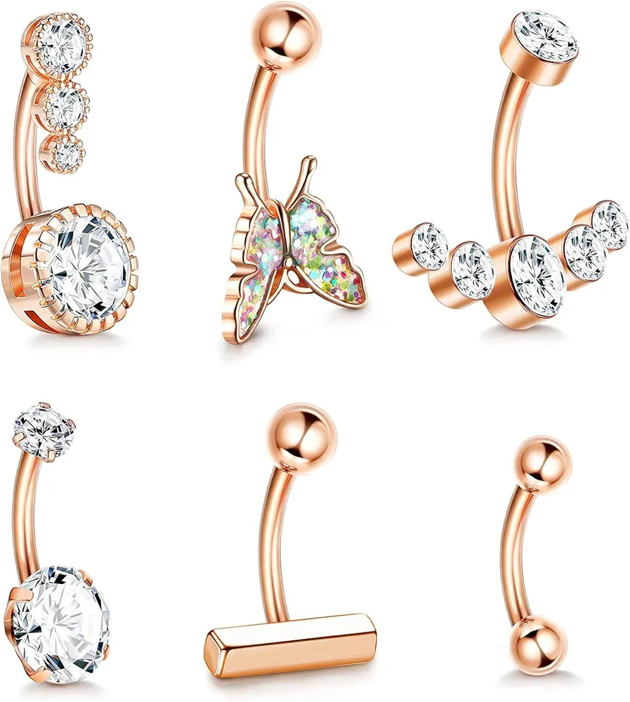 Frauen 14G Bauchknopfringe Dangle 316L Suigical Sparked CZ Curved Butterfly Bar Nabelringe Daity Simple Barbell Belly Piercing 6Pcs