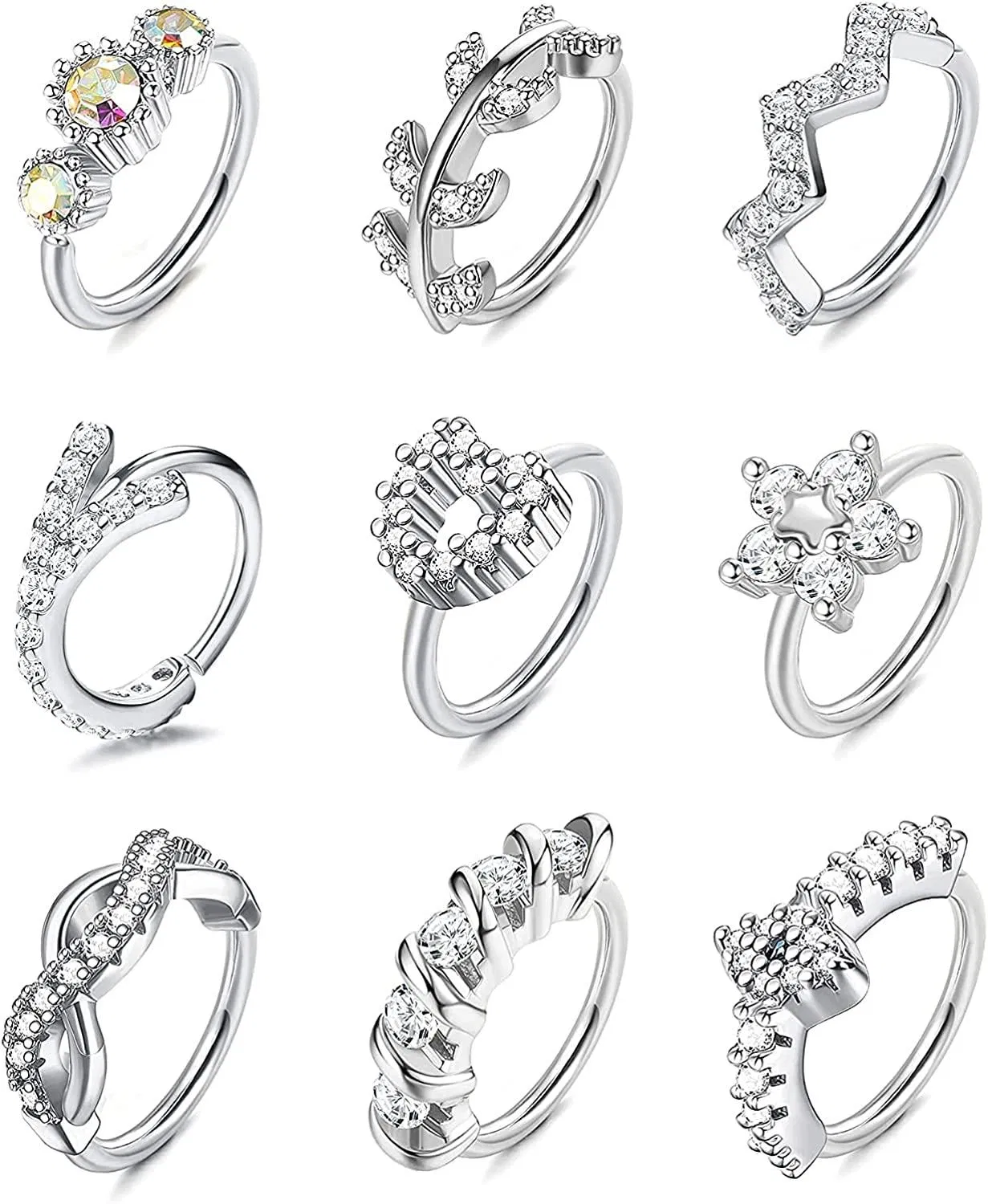 9PCS 20G Nasenringe Schleife für Frauen Männer Edelsteinpflastert CZ Blatt Herz Blumen Crawler Helix Knorpel Ohrringe Schleife Nase Ohr Piercing