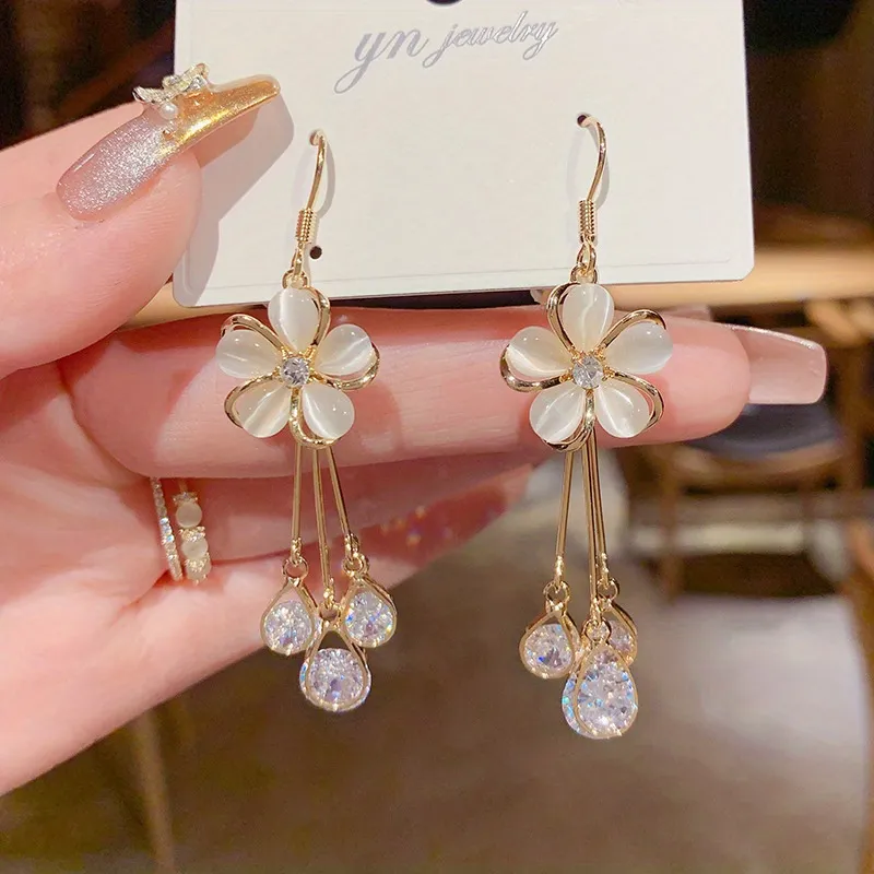 Elegante Opalblume Zircon Tassel Long Drop Ohrringe für Frauen Mädchen