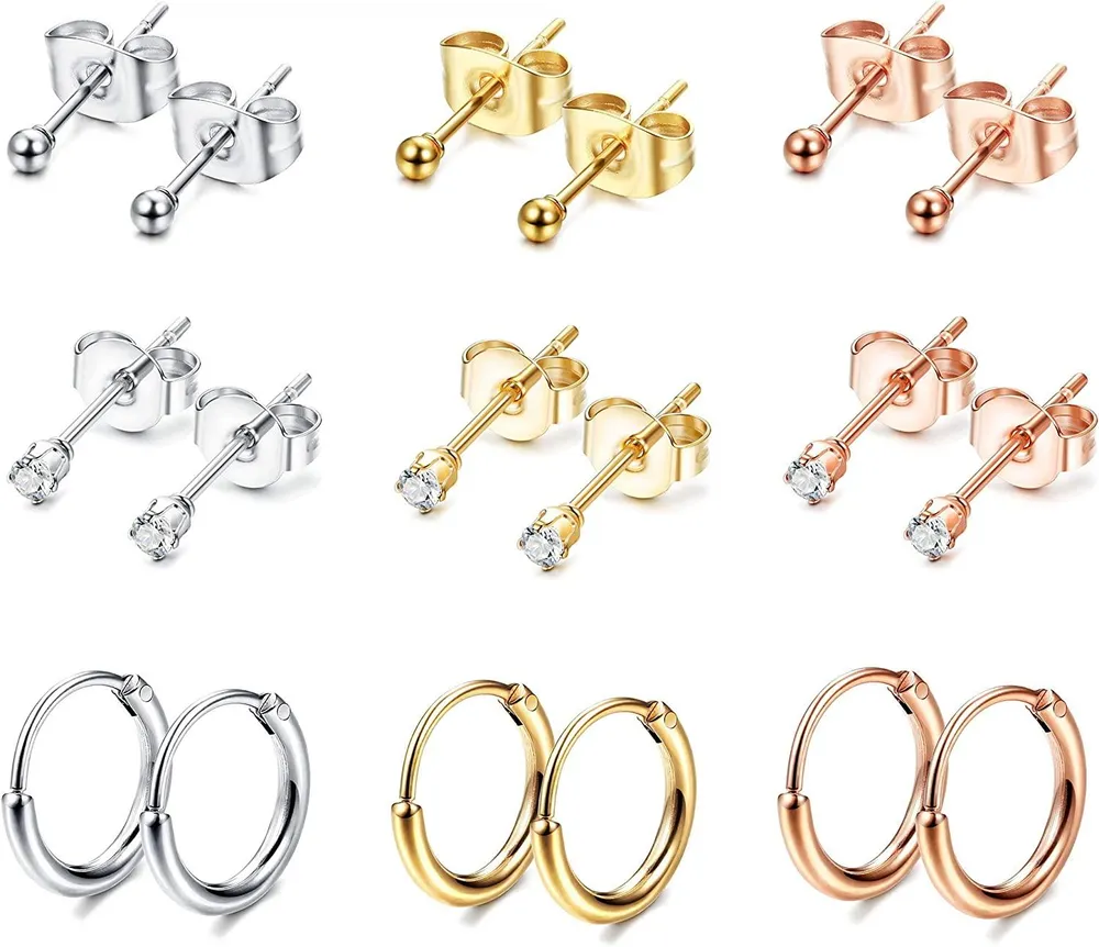 Edelstahl 2mm winzige Stud Ohrringe für Frauen Mens Endless Hoops CZ Balls Knorpel Ohrringe Set 20G