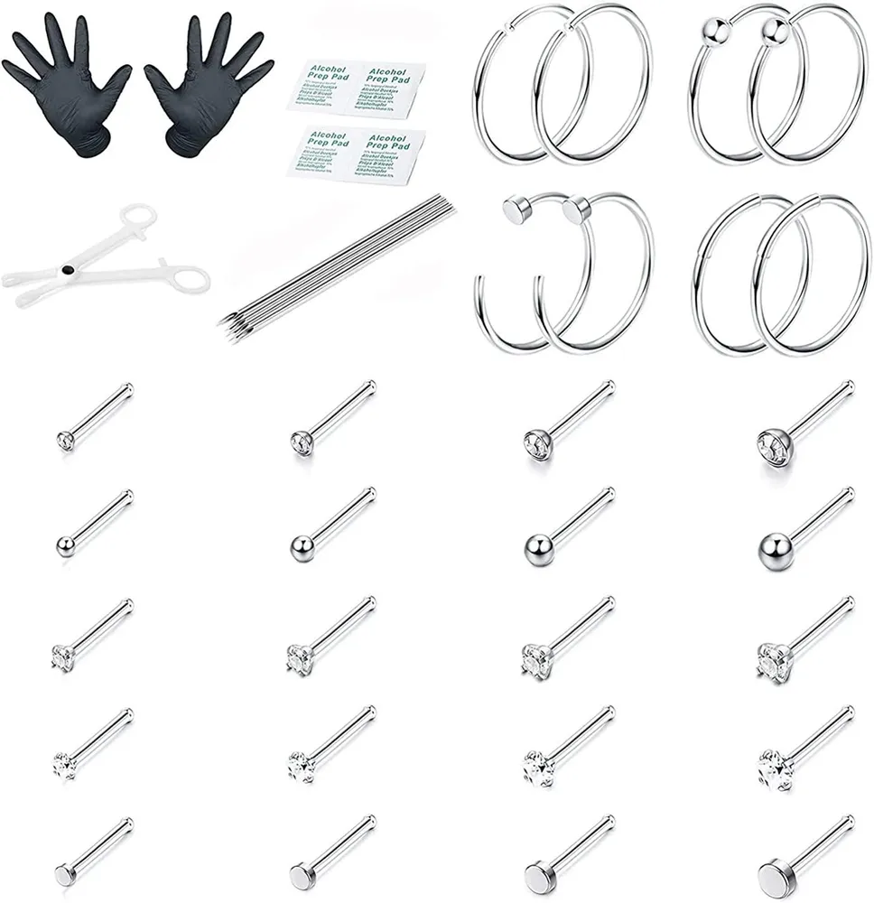28PCS 20G Nasen Piercing Kit Nose Ring Hoop Knochen Schraube L-Form Nasen Studs Tragus Knorpel Helix Ohrringe Nasen Piercing für Frauen Professional Body Piercing Kit CZ