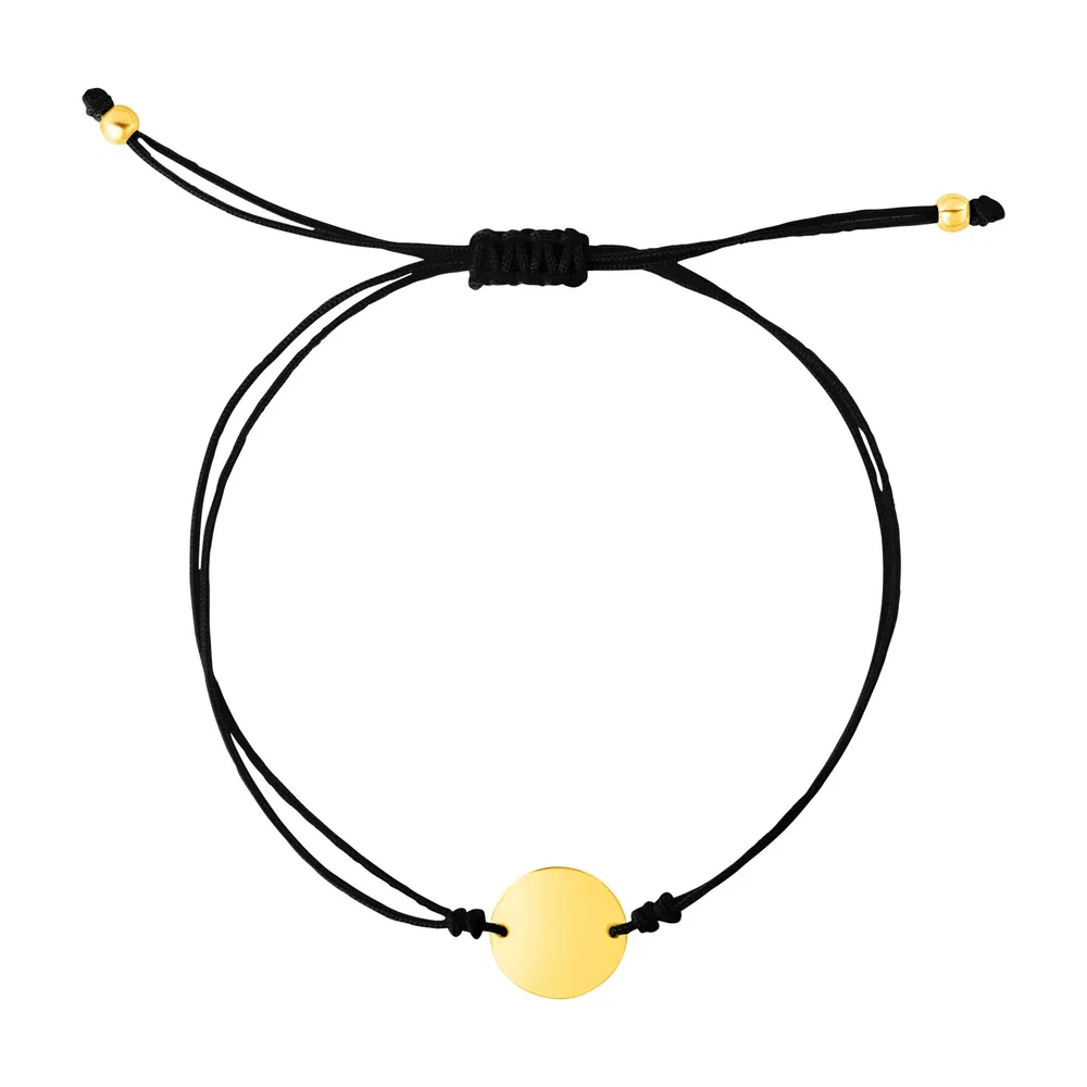 9 1 / 4 Zoll schwarzes Schnur einstellbares Armband mit 14 Karat gelbem Goldkreis