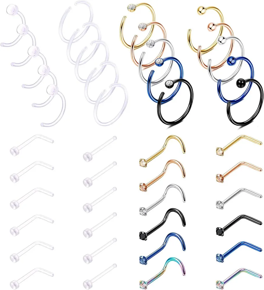 44Pcs 20G Edelstahl Nasenringe Hoop Knochen L-Form Schraube Nasen Stud Set Labret Lippen Nasenring Hoop Piercing Schmuck; Clear Nasen Ringe Retainer für Frauen Männer