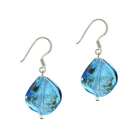Sterling Silber .925 Zwei-Ton Aqua Blau Glas Twisted Foil Perlen Runde Gold Silber Glitter Dangle Ohrringe