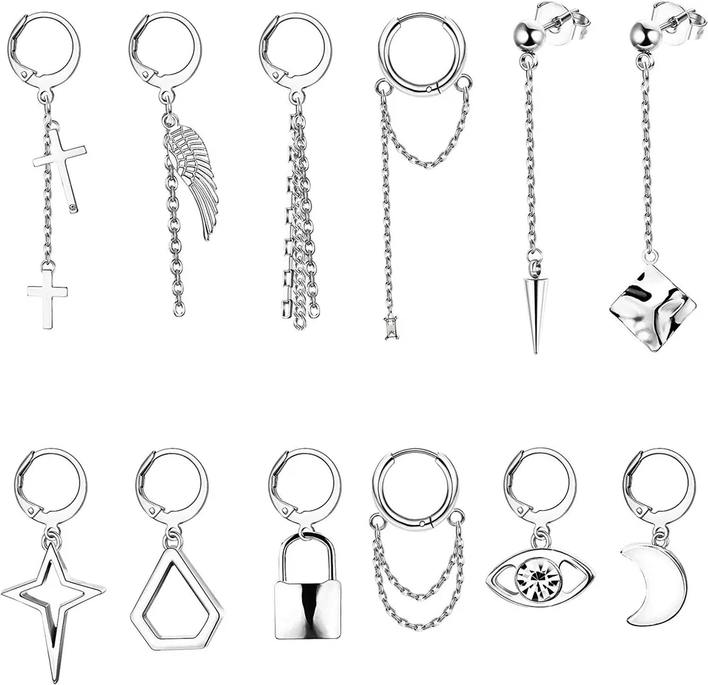12 Pcs Chain Hoop Dangle Ohrringe Set für Frauen Männer Edelstahl Scharnier Statement Kpop Long Chain Pendant Ohrringe