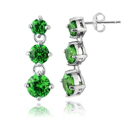 Sterling Silber Grün CZ Drei Stein Dangle Ohrringe