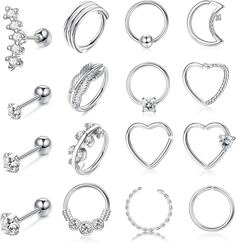 16 Stück 16g Nasenring Hoop Knorpel Ohrringe Studs für Frauen Vorwärts Helix Ohrring Hoop Rook Daith Conch Tragus Ohrringe Edelstahl Septum Piercing