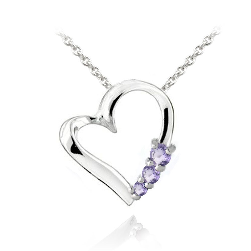 Sterling Silber Amethyst Drei Stein schwimmendes Herz Halskette