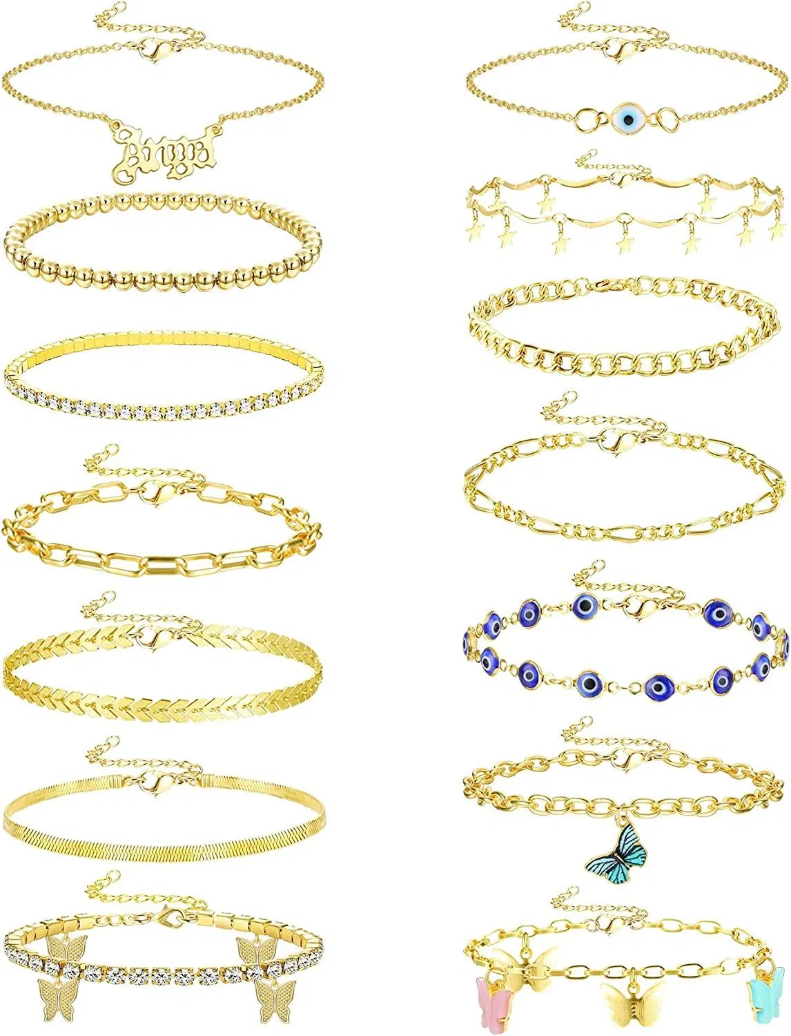14pcs Rheinstein Bohemian Ankleber für Frauen süße Charme Schmetterling böse Augen Frauen Knöchel Armbänder Strand Schmuck