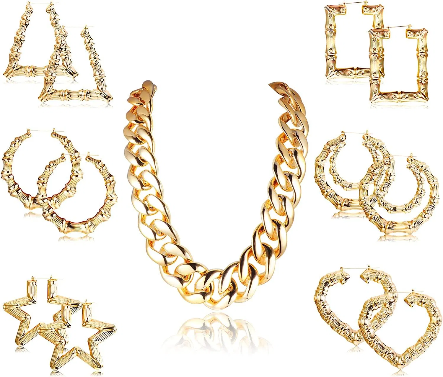 Plated Chunky Rope Chain Kette und 6 Paare große Hohl Casting Bambus Hoop Ohrringe für Männer Frauen Kostüm Punk 80er / 90er Hip Hop Rapper Stil