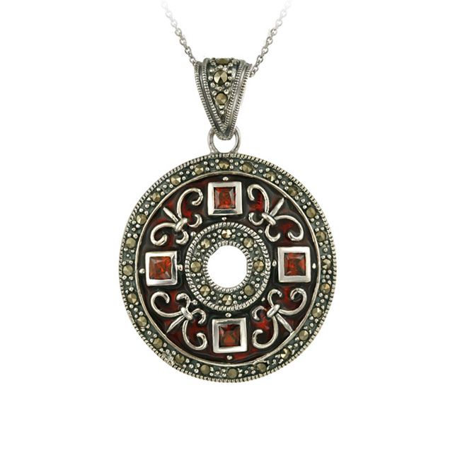 Sterling Silber Garnet & Marcasit Rot Emaille Disc Hänger