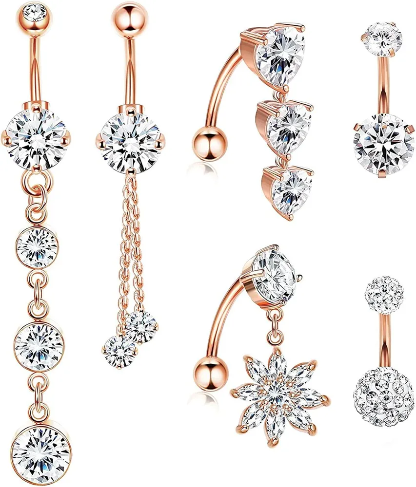 14G Bauchknopfringe für Frauen Süße Kubik Zirkonia Nabelring Piercing Chirurgische Bauch Piercing Long Dangle Kurze Umkehr Bauchknopfringe Set Körper für Frauen