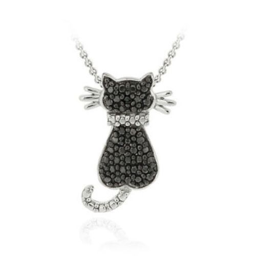 Sterling Silber Schwarz Diamant Akzent Katzen Schieberhang