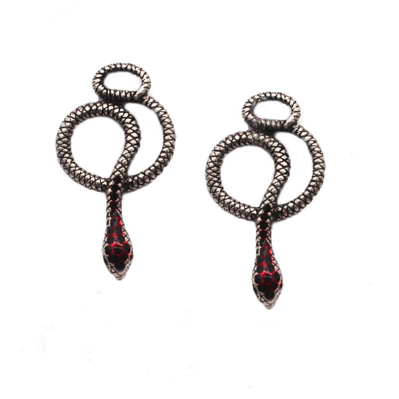 Retro Silber Dark Punk Schlange geformte rote Kopf Emaille Ohrringe