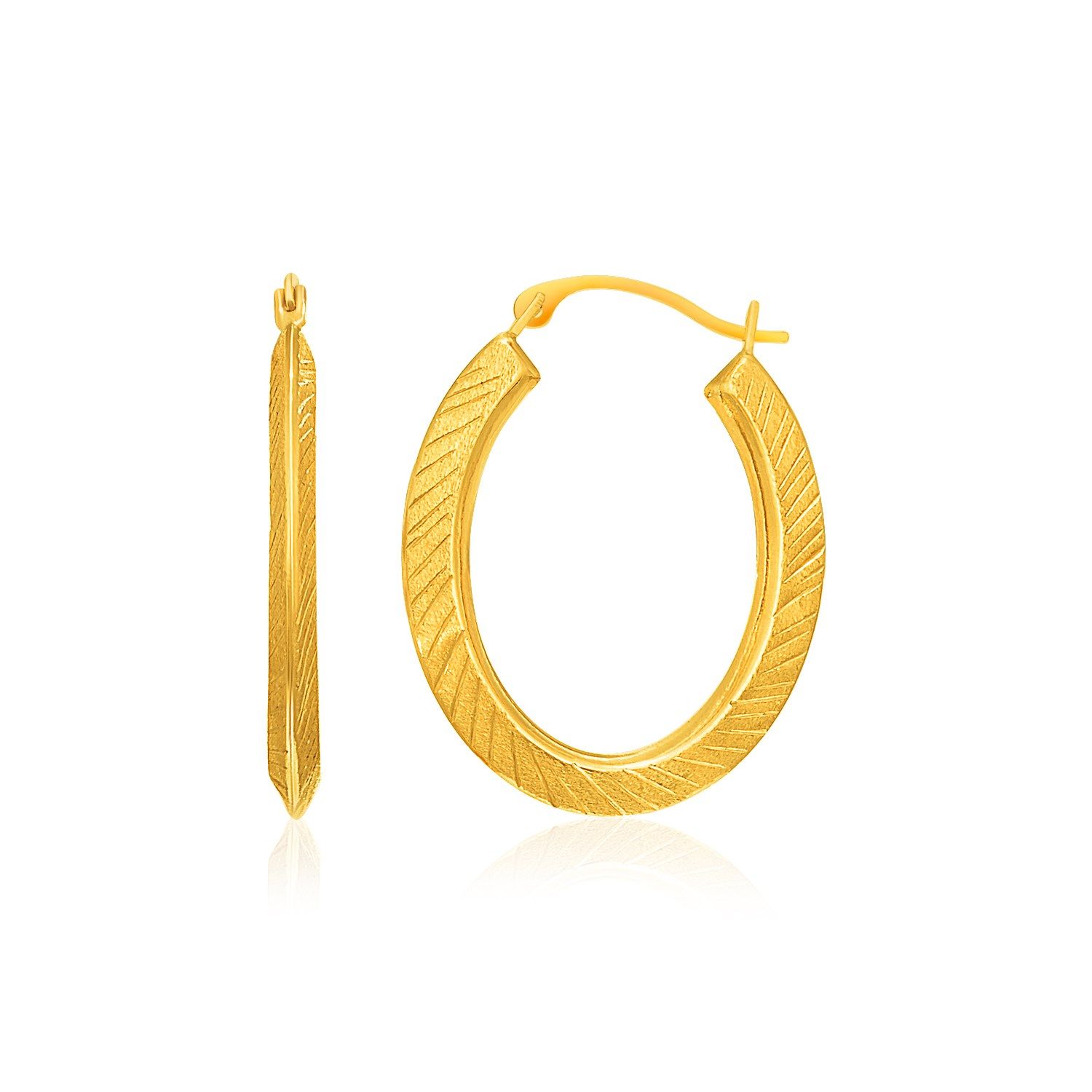 10K Gelbgold Oval Line Textur Hoop Ohrringe