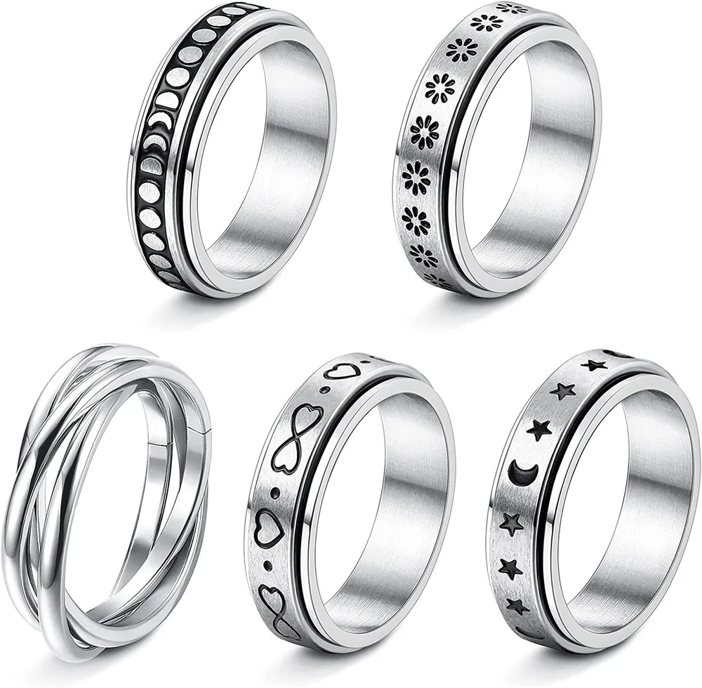 5 Stück Edelstahl-Spinner - Ring für Frauen Mens Fidget-Band - Ringe Mond-Stern - Sonne Keltische Stress-Angst - Linderung Cool Ringe Triple Interlocked Rolling Wide Promise-Ringe Größe 7