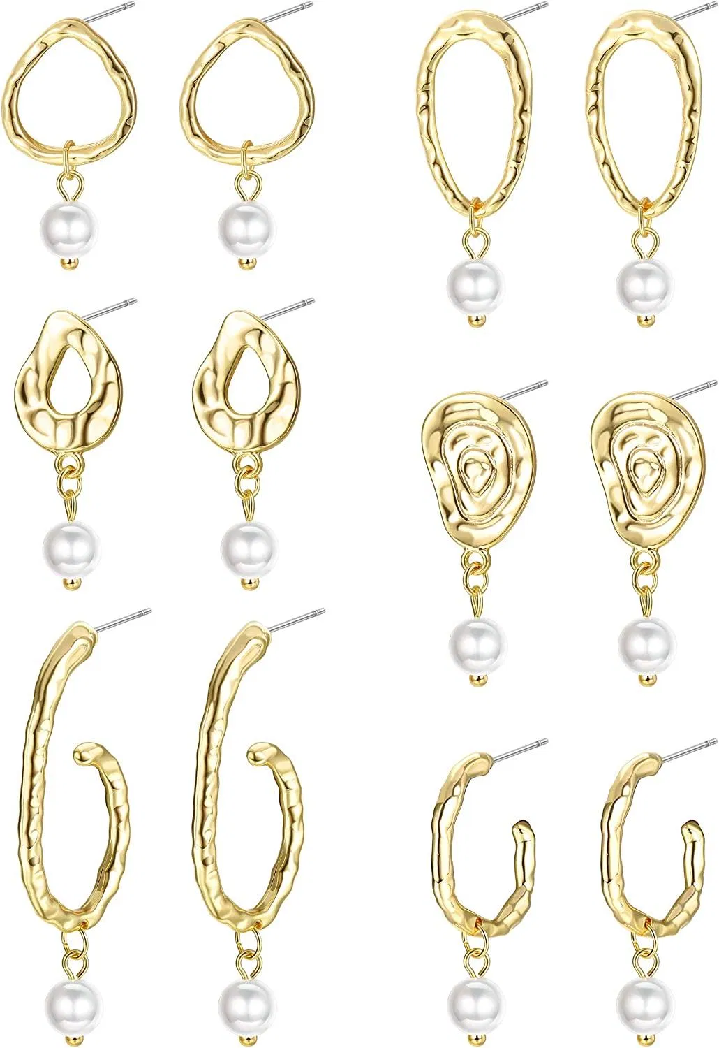 6 Paare 14 - Karat-Gold - Plated-Hoop - Ohrringe mit Charme für Frauen Barock Perl Drop Dangle Stud-Ohrringe Leichtgewicht Unregelmäßige Statement-Ohrringe Set