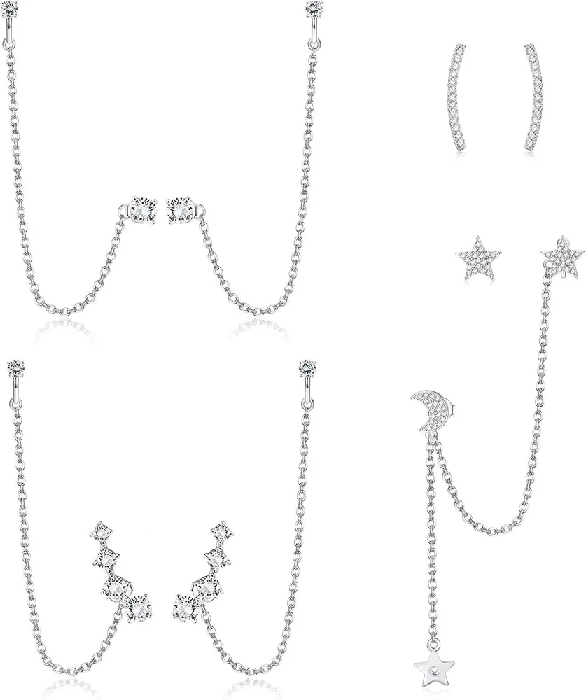 4 Paare Ketten-Ohrringe; Manschetten-Ohrringe Kette für Frauen Stud-Ohrringe mit Kette Crawler Hanging Chain Ohrringe Set