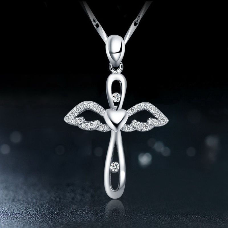 Halskette feine Rhinestone süße Kreuz Anhänger Choker Schmuck Frauen Silberfarbe Kette Engel Flügel Erklärung Party Hochzeitsgeschenke