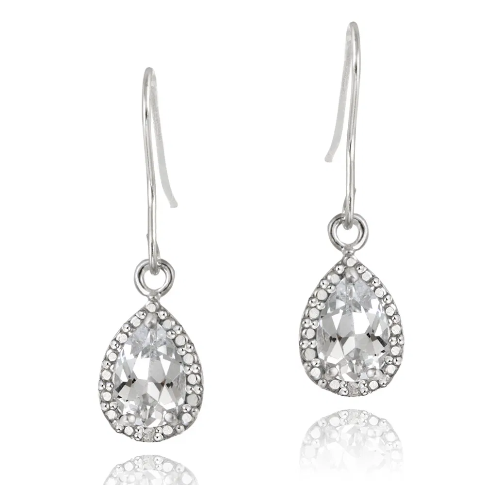 Sterling Silber 3ct Weiße Topaz & Diamanten Akzent Tränentropfen Dangle Ohrringe
