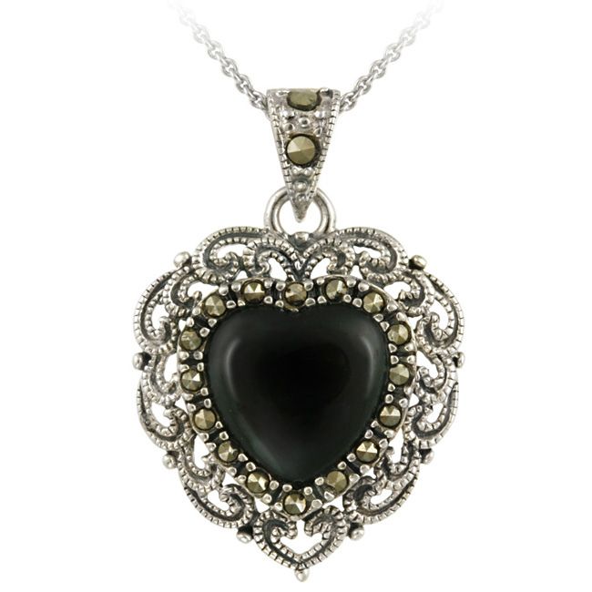 Sterling Silber Onyx & Marcasite Filigree Herz Halskette
