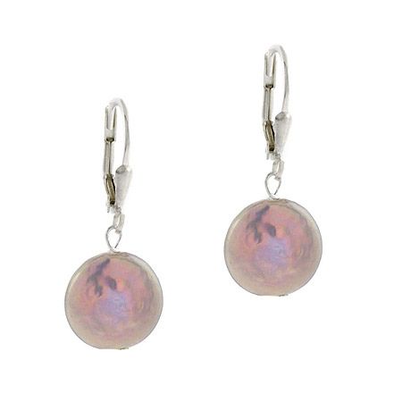Sterling Silber .925 Iridescent Echtes Frischwasser Kultiviert Grau Münze Pearl LeverBack Lever Back Round Dangle Ohrringe