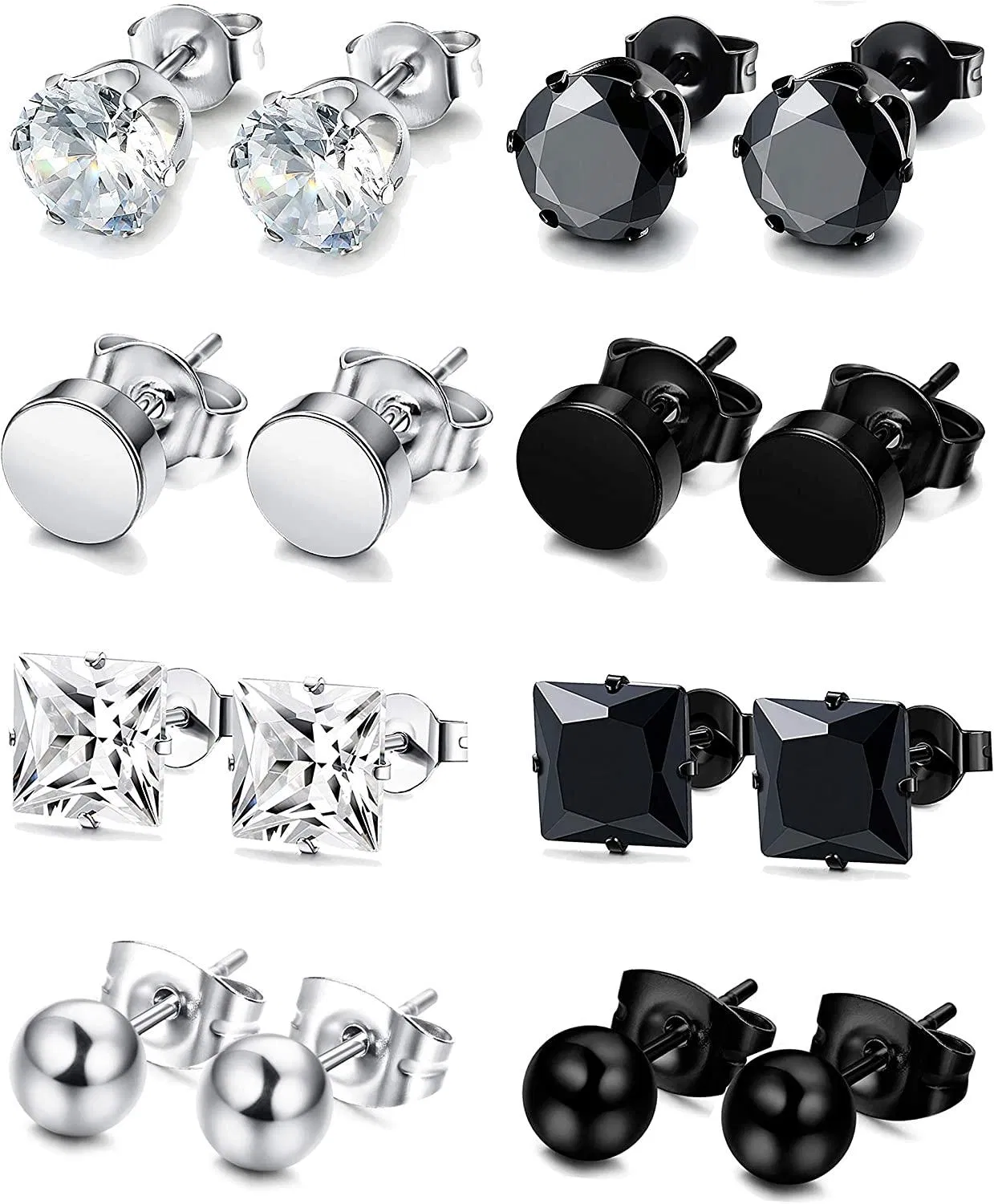 8 Paare Edelstahl CZ Stud Ohrringe Set Männer Frauen Unisex Ohr Piercing Schmuck