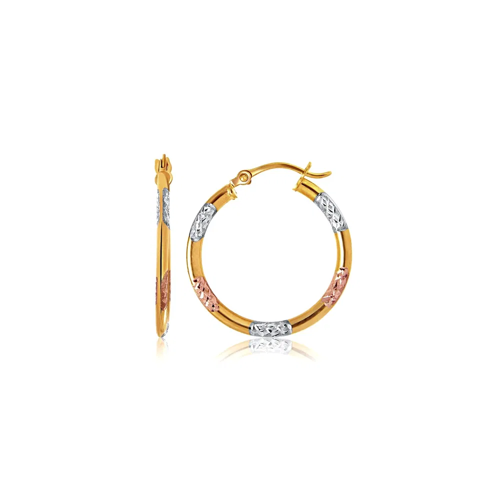 10 Karat Tri-Color Gold Classic Hoop Ohrringe mit Diamant Cut Details (20 mm)