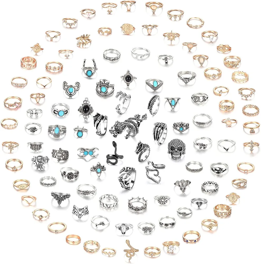 108 Pcs Mode Boho Knuckle Ringe Set für Frauen Mädchen Männer Vintage Retro Türkis Böhmisch Midi Ringe Gelenk Nagelband Manschette Zehen Statement Finger Ringe Schlange Oktopus Drachen Klaue Schädel