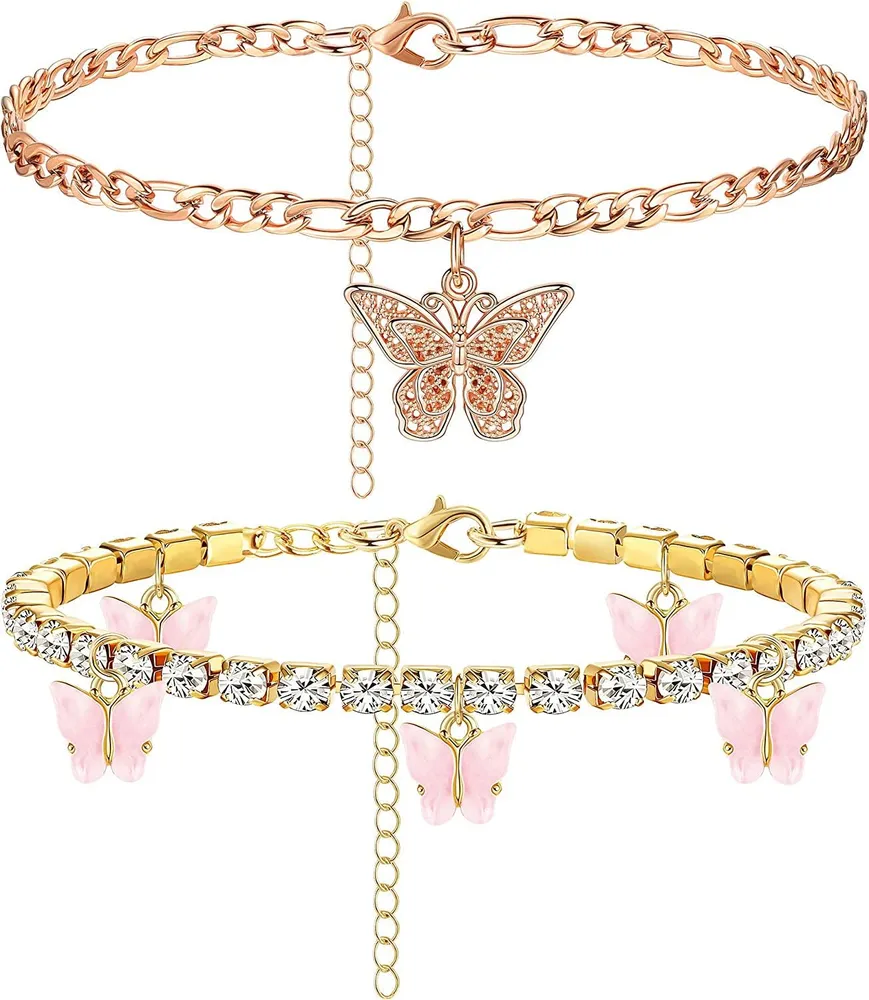 Schmetterling Knöchel Armbänder für Frauen Boho Strand Charms Rhinestone Tennis Ankleber Edelstahlschicht verstellbare Kette Ankleber Fuß 2 - 3pcs