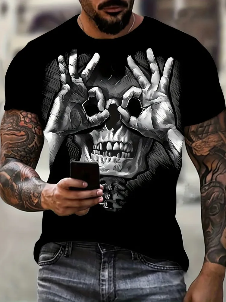 Kreatives Skull Print T-Shirt, Männer Casual Street Style Elastisches Round Neck T-Shirt, Passend für den Sommer