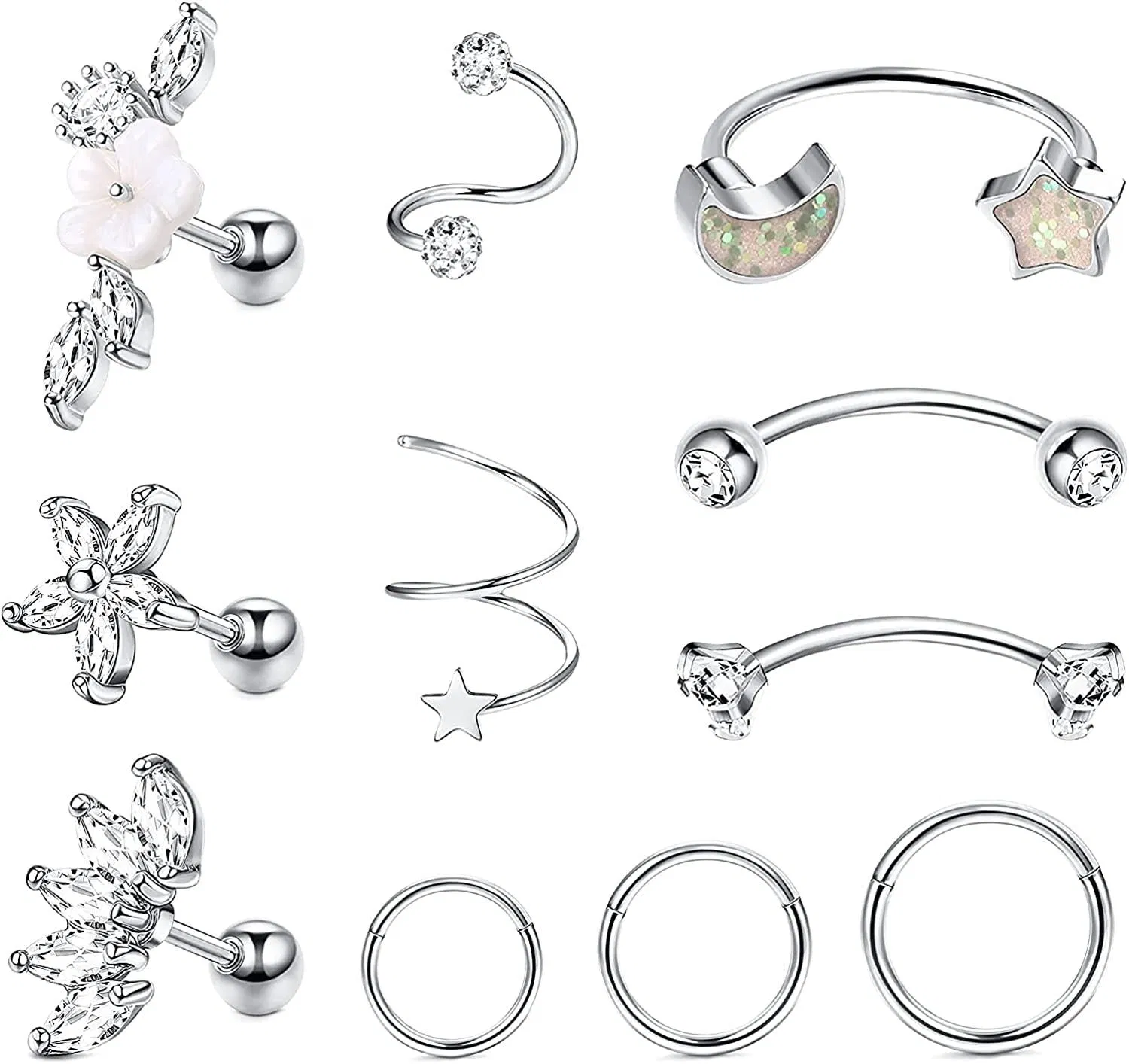 11pcs Edelstahl Tragus Ohrringe für Frauen Männer CZ Barbell Ohrringe Stud kleine Hoop Ohrringe Kit für Septum Knorpel Helix Conch Ring Ohrringe Piercing Jewelry Set 16G 18G 20G