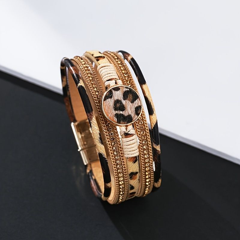 Multilayer Geflecht Leopard Print Magnetische Knopf Leder Armband für Frauen Charms Schmuck Geschenk Geburtstag Geschenke für Frauen Frau Mädchen ihr