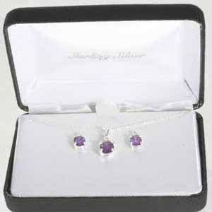 Sterling Silber Amethyst CZ Anhänger & Stud Ohrring Schmuckset