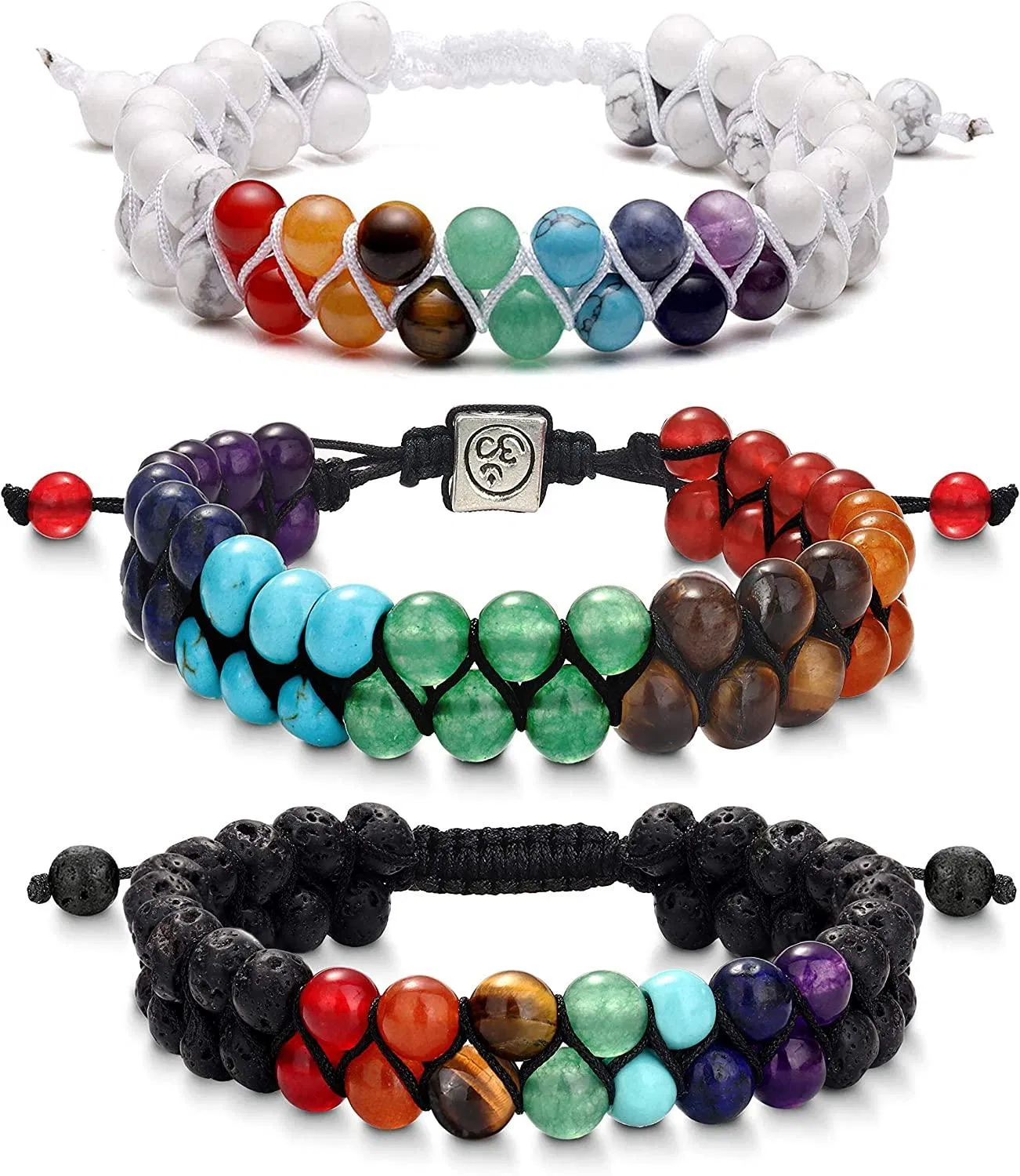 3 Stück 7 Chakra Armband Damen Reiki Stein Seil geflochten Armband Edelstein Perlen Armband Kristallstein Lava Stein Armband Diffuser Armbänder für Yoga Meditation