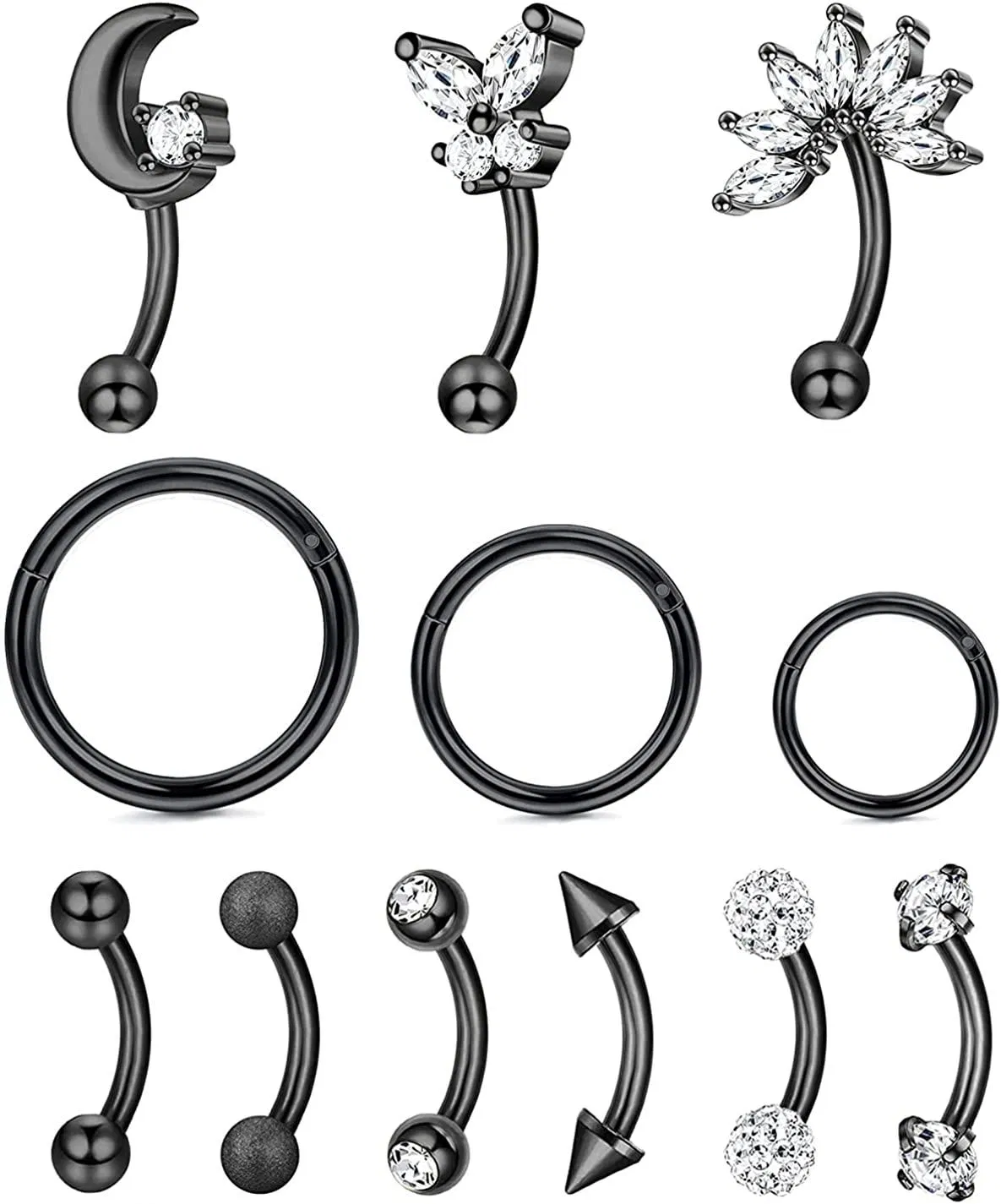 12pcs 16G Rook Piercing Augenbrauenringe Edelstahl Bauch Lippenring Knorpel Hoop Rook Daith Ohrringe Tragus CZ Body Piercing Curved Barbell
