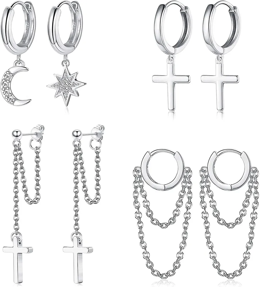 4 Paare Dangle Hoop Ohrringe kleine Huggies Hoop Ohrringe für Frauen Mädchen Edelstahl CZ Mond Stern Kreuz Kette Hoop Ohrring Set für Frauen